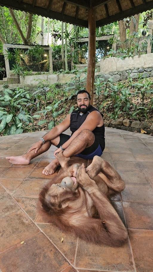 Younes assis aux côtés d'un orang-outan de Sumatra, Indonésie